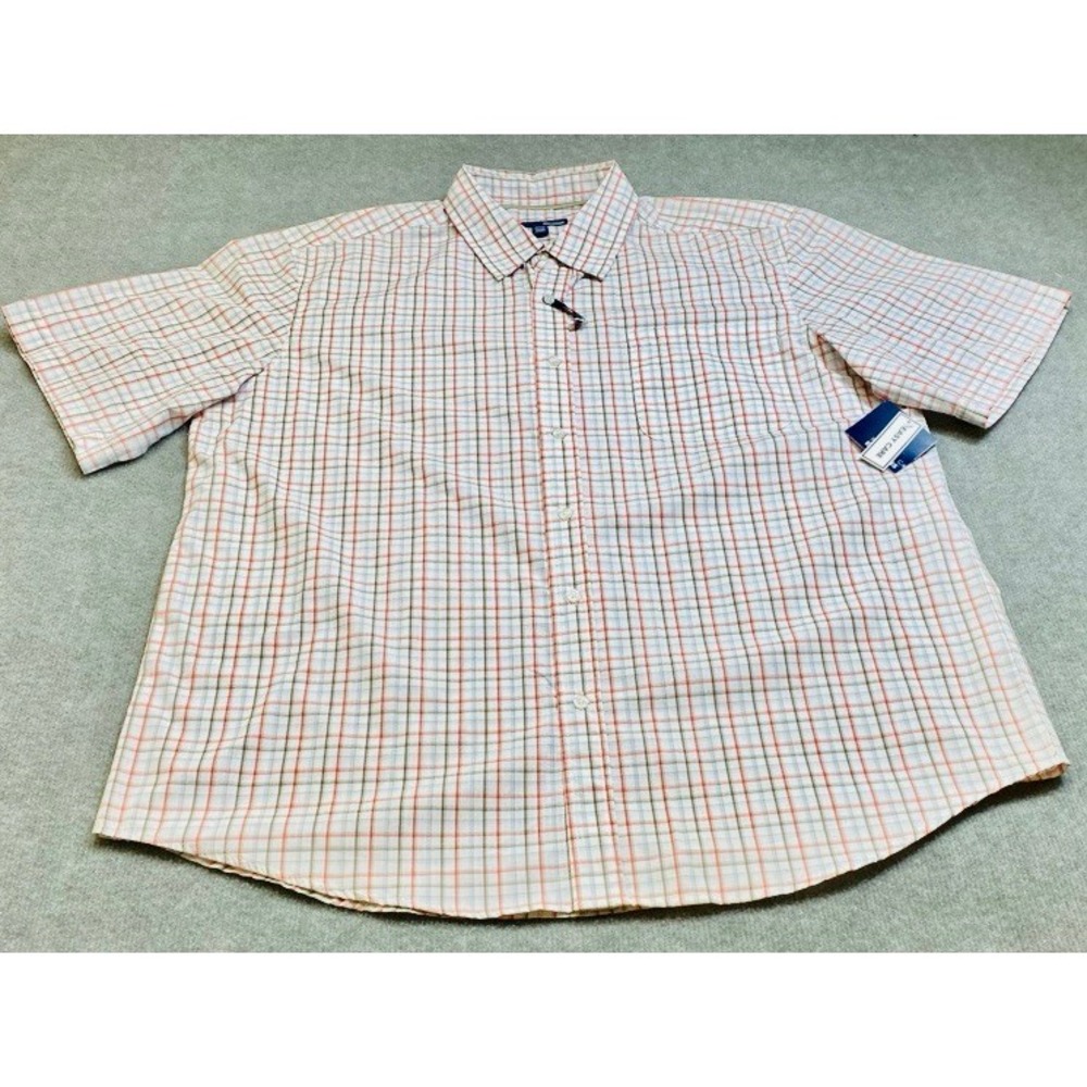 NWT Basic Editions Button Up Shirt Men XL White Orange Plaid Short Sleeve